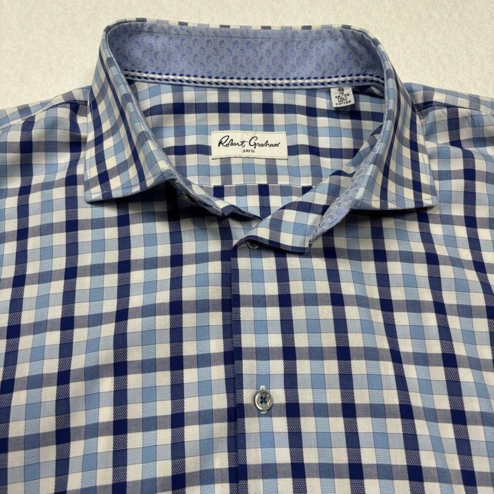 Robert Graham Men's 2XL Tall Blue Gingham Check 100% Cotton Shirt Sz 46 18 38/39